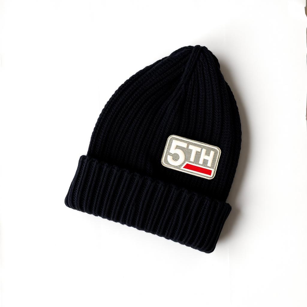 Black knit beanie with a 5TH patch and a small red stripe