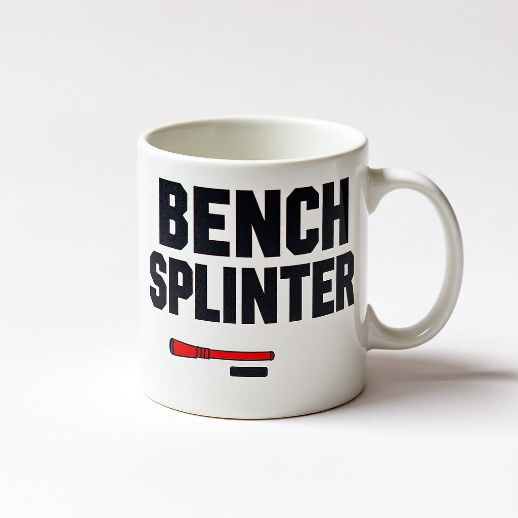 White ceramic mug with bold BENCH SPLINTER lettering and broken hockey stick illustration