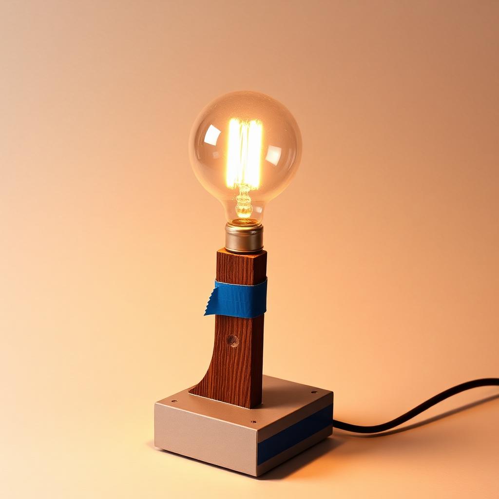 Desk lamp built from a broken hockey stick wrapped in blue tape with a glowing Edison bulb