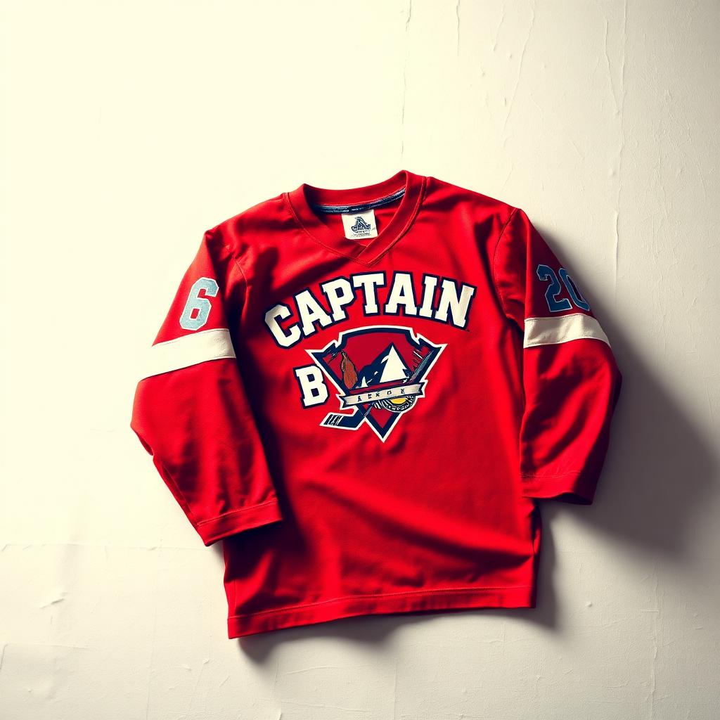 Red Captain Bench hockey jersey with varsity lettering and superhero crest
