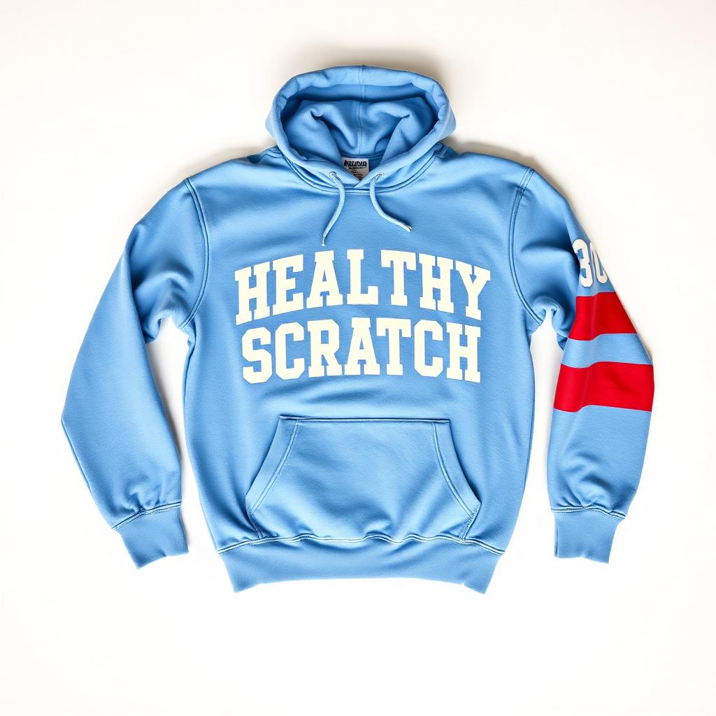 Light blue hoodie with bold HEALTHY SCRATCH varsity lettering and red sleeve stripe